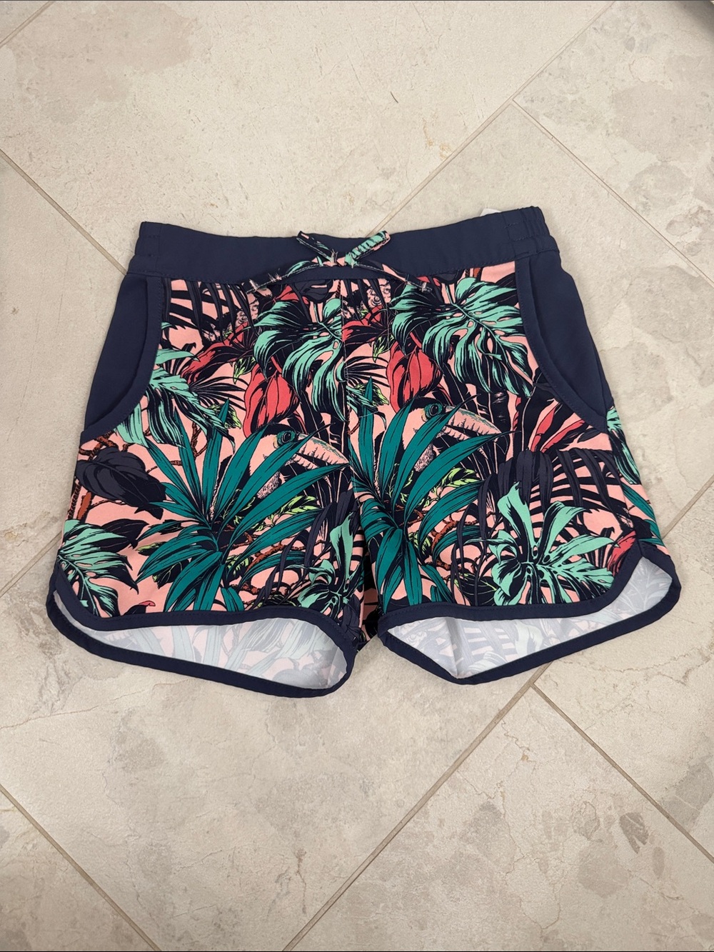 Tropical Print girls Athletic Shorts - Navy Trim